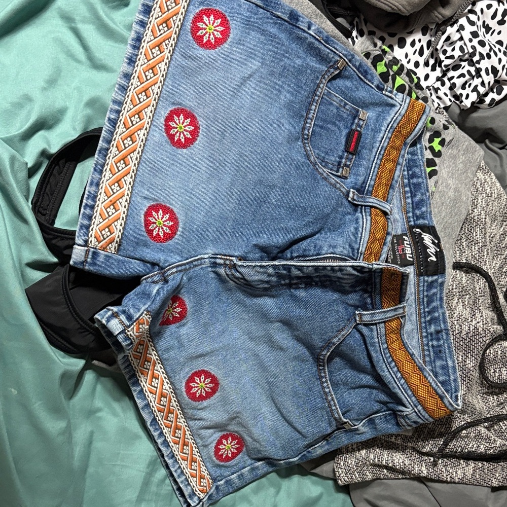 FUBU Blue Jean Shorts with Red and Gold Embroidery